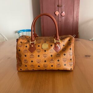 MCM Tan Monogram Satchel with Gold Accents